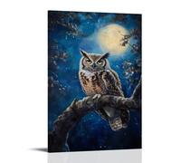 NPEJLCIGH Animal Oil Painting - Wise Old Owl Perched on Moonlit Oak Branch with Starry Background Modern Hanging Wall Decor - Artistic Mural Print24x36inch(60x90cm)