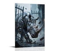 NPEJLCIGH Animal Poster, A Mechanical Rhino Crashes Into An Iron Gate, Its Metal Skin Glowing Cold Modern Hanging Wall Decor - Artistic Mural Print24x36inch(60x90cm)