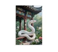 NPEJLCIGH Animal Poster, A White Snake Coils on An Ancient Pavilion, Scales Shimmering Like Pearls As It Flicks Its Tongue Modern Hanging Wall Decor - Artistic Mural Print16x24inch(40x60cm)