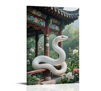 NPEJLCIGH Animal Poster, A White Snake Coils on An Ancient Pavilion, Scales Shimmering Like Pearls As It Flicks Its Tongue Modern Hanging Wall Decor - Artistic Mural Print24x36inch(60x90cm)