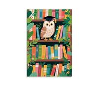NPEJLCIGH Animal Poster, An Owl Wearing A Bachelor's Cap Stands on A Bookshelf Full of Books Modern Hanging Wall Decor - Artistic Mural Print20x30inch(50x75cm)