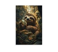NPEJLCIGH Art Animals- A Sloth Accountant Slowly Counting Money with A Magnifying Glass in A Jungle Bank Modern Hanging Wall Decor - Artistic Mural Print24x36inch(60x90cm)
