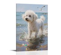 NPEJLCIGH Bichon Frise Playing with Waves by Sea, Fur with Spray Modern Hanging Wall Decor - Artistic Mural Print12x18inch(30x45cm)