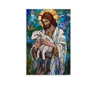 NPEJLCIGH Christian Mural- The Good Shepherd - Jesus Carrying A Lamb in Stained Glass Style Modern Hanging Wall Decor - Artistic Mural Print16x24inch(40x60cm)