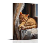 NPEJLCIGH Dutch Golden Age Portrait of A Ginger Tom Cat Napping on A Sunlit Windowsill, Lace Curtains Fluttering Modern Hanging Wall Decor - Artistic Mural Print08x12inch(20x30cm)