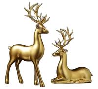 NPLSEO 2PCS Christmas Reindeer Figurines, Nordic Style Resin Deer Statues, Elegant Standing & Sitting Elk Sculptures for Living Room, Shelf, Table, Fireplace Christmas Home Decoration (Gold)