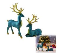 NPLSEO 2PCS Christmas Reindeer Figurines, Nordic Style Resin Deer Statues, Elegant Standing & Sitting Elk Sculptures for Living Room, Shelf, Table, Fireplace Christmas Home Decoration (Blue)
