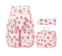 NPLSEO 3PCS Backpack for Girl, Strawberry Backpack Set, Waterproof Kids Backpacks with Lunch Bag & Pencil Pouch for Teen Kids Laptop Daypack, Elementary Middle High School Bookbag (Nylon-Strawberry)