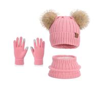 NPLSEO 3PCS Kids Winter Hat Scarf Gloves Set with Pom Pom, Fleece Lined Knit Beanie Neck Warmer Mittens for Girls Boys Toddler Warm Winter Accessories for Outdoor Cold Weathe (Red)