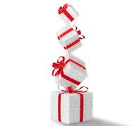 NPLSEO 6FT Christmas Lighted Gift Box Tower, 4-Tier Pre-Lit Pull-Up Present Boxes with 80 Warm White LED Lights & Stakes, Indoor Outdoor Holiday Decorations for Home, Garden & Yard (Red and White)