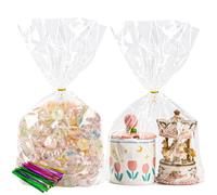 NPLUX 100 Pack Cellophane Bags,Clear Flat bottom Cellophane Treat Bags with 100 Pack Twist Ties for Candy Popcorn Cookie Small Gift Wrapping（7x12x3.15 Inches