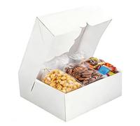 NPLUX Bundle of 20 Pack White Square Bakery Boxes with Window, 10x10x3 inches and 100 Pack Cellophane Bags Small Plastic Cookie Bag Clear Treat Bags with 100 Twist Ties