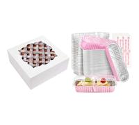 NPLUX Bundle of 20 Pack White Square Bakery Boxes with Window and 200ml Mini Loaf Cake Cases for Pies, Cheesecake, Chocolate Covered Strawberries, Cookies, Muffins, Gift Boxes