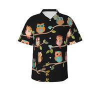 NPOREJKNGF Cute Brown Cartoon Owls Hawaiian Shirt - Full-Frame Single-Side Print, Ultra-Soft Polyester Fabric, Short Sleeve Button-Up for Men & Teens