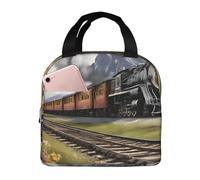 NPOREJKNGF Steam Locomotive Train Lunch Bag with Fullprint Design Lightweight Insulated Bag for Food Storage, 8x5 Inch Front Pocket Multi-Use Bag for Work, Outdoor, Beach, and Picnic