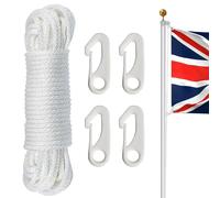 NQ Flag Pole Rope with Flag Pole Clip, 50FT/ 15M Nylon Flag Rope with 4 Pcs Clip Hooks, Flag Halyard Kit, Nylon Cord for Outdoor, Camping, Swing, Clothesline, Garden(White)