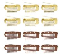 NQEUEPN 12pcs Wig Clip with Safety Pins, 10-Teeth Hair Extension Snap Invisible Wig Combs to Secure Wig No Sew Chunni Grip Dupatta Clips for Girls Women Wig Headscarf Hijab & Tikka (Brown, Gold)