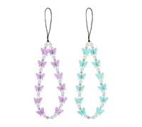 NQEUEPN 2Pcs Beaded Phone Bracelet Straps, Dreamy Crystal Butterfly Pearl Beaded Phone Charm Strap Hand Wrist Lanyard for Telephone Keychain Charm Gifts for Women Girls (Purple, Blue)