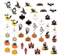 NQEUEPN 44pcs Halloween Pendant, DIY Charms Black Cat Bats Ghost Pumpkin Patterns Multi-Color Enamel Charms for Jewelry Making Necklace Earrings Keychain