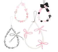 NQEUEPN 4pcs Pearl Charms, 4 Styles Bow Knot Lanyard Silver Pink Beaded Phone Chain Beautiful Flower Wristlet Phone Bracelet Strap for Wallets, Cameras, Car Keys, Handbags