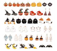 NQEUEPN 50pcs Halloween Charms for Jewelry Making, Alloy Horror Jewelry Charms with Black Cat Bats Pumpkin Spooky Wizard Hat Patterns Halloween Pendants for Earrings DIY Craft Bracelet Necklace