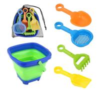NQEUEPN 6pcs Beach Toys Set, Collapsible Bucket with 4 Shovels Sand Toys & Mesh Bag Foldable Portable Travel Beach Bucket Sand Toys for Kids Boys Girls Fun Summer Beach Party Activities (Blue)