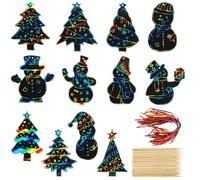 NQEUEPN 96pcs Christmas Scratch Papers, Christmas Tree Snowman Rainbow Scratch Christmas Ornaments Creative DIY Hanging Craft Art Kits with Wooden Stick and Ribbon for Kids Xmas Tree Decor