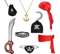 NQEUEPN Halloween Pirate Costume Set, 8pcs Pirate Costume Accessories Including Eye Patch Red Kerchief Pirate Anchor Necklace Pirate Hook Red Cloth Belt Braided Bracelet for Kids Women