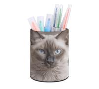 NQHJT Leather Pen Holder Beautiful Siamese Cat Stand Cup Pencil Holder Organizer Round Makeup Brush Holders for Home Office Desk Circular Pen Case