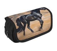 NQHJT Pencil Pouch Black Arabian Horse Large Capacity Pencil Case Double Zipper Storage Bag 2 Compartments Portable Multifunctional Bag Desk Organizer Marker Pen Case