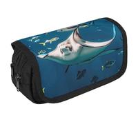 NQHJT Pencil Pouch Manta Ray And Fish Large Capacity Pencil Case Double Zipper Storage Bag 2 Compartments Portable Multifunctional Bag Desk Organizer Marker Pen Case