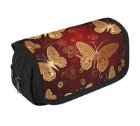 NQHJT Pencil Pouch Valentine Hearts Golden Butterfly Large Capacity Pencil Case Double Zipper Storage Bag 2 Compartments Portable Multifunctional Bag Desk Organizer Marker Pen Case