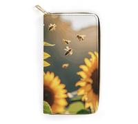 NQHJT Womens Wallet Bee & Sunflowers Leather Wallet for Women Multi-Pocket Long Wallet Ultra Slim Thin Wallet with Zipper Pocket for Work Shopping, style, 19.7x10.5cm