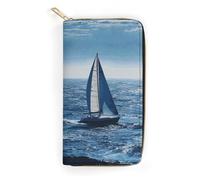 NQHJT Womens Wallet Blue Sea Sailboat Leather Wallet for Women Multi-Pocket Long Wallet Ultra Slim Thin Wallet with Zipper Pocket for Work Shopping, style, 19.7x10.5cm