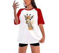 NQyIOS 2023 Men's and Women's Raglan Short Sleeve New Giraffe Round Neck Short Sleeve T Shirt Long Sleeve Layering Tops for Women Red