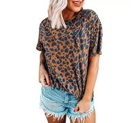 NQyIOS 3D Digital Print Crewneck Personality Fashion Leopard Print Short Sleeves Short Sleeve Tunic Top Coffee