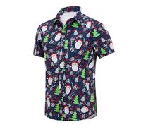 NQyIOS Christmas Hawaiian Shirt Beach Shirt Mens Adult Short Sleeve Button Down Hawaiian Causal Funky Floral Shirts Classic Fit Tropical Lapel Shirt Ugly Xmas T Shirt Hawaii Clothes Blouses Dark Blue