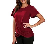 NQyIOS European and American Women's Independent Station Round Neck Solid Color Knotted Short Sleeve T Shirt Womens Short Sleeve Tops Wine