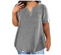 NQyIOS Ladies Top V Neck Fashion Solid Color Short Sleeve Pocket Loose T Shirt Womens Plus Size Short Sleeve Tops Grey