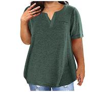 NQyIOS Ladies Top V Neck Fashion Solid Color Short Sleeve Pocket Loose T Shirt Womens Plus Size Short Sleeve Tops Green