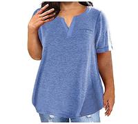 NQyIOS Ladies Top V Neck Fashion Solid Color Short Sleeve Pocket Loose T Shirt Womens Plus Size Short Sleeve Tops Blue