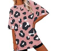 NQyIOS Leopard Print Loose T Shirt Women's Knitted Crewneck Loose Top Women's Plus Size Pink