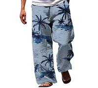 NQyIOS Men Casual Linen Trousers Casual Loose Fit Drawstrings Elasticated Waist Lightweight Yoga Pants Mens Linen Beach Slacks Jogging Trousers for Men UK Blue
