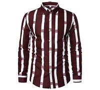 NQyIOS Men Casual Stripe Print Shirt Long Sleeve Turndown Collar Blouse Shirt Y Shirt (Wine-b, L)