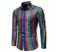 NQyIOS Mens 70s Disco Party Costume Gold Silver Multicolour Rainbow Plaid Sequins Print Long Sleeve Button Down Shirts Men Shirt Cotton (Purple, S)