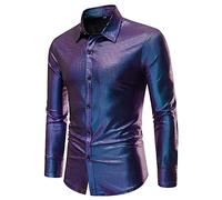 NQyIOS Mens 70s Disco Party Costume Gold Silver Multicolour Rainbow Plaid Sequins Print Long Sleeve Button Down Shirts Men Shirt Cotton (Blue, S)