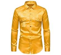 NQyIOS Mens 70s Disco Party Costume Gold Silver Multicolour Rainbow Plaid Sequins Print Long Sleeve Button Down Shirts Men Shirt Cotton