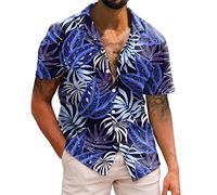 NQyIOS Men's Casual Button Down Shirt Hawaiian Print Button Down Short Sleeve Shirt Cotton Summer Hawaiian Top Flamingo Button-Down Relaxed-Fit Cowboy Shirts for Men Plus Size Sexy Tops Blue