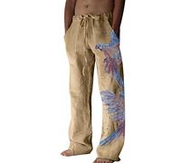 NQyIOS Mens Cotton Yoga Pants Loose Fit Casual Linen Trouser - Cotton Yoga Beach Joggers Bottoms Straight Leg Lightweight Elastic Waist Pants with Pockets Mens Linen Beach Slacks Gym Shorts Khaki