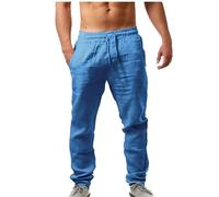 NQyIOS Mens Linen Pants Beach Pants Casual Summer Plus Size Pants Elastic Waist Drawstring Baggy Trousers with Pockets Trousers for Men UK Elastic Waist Tracksuit Bottoms Men Wide Leg